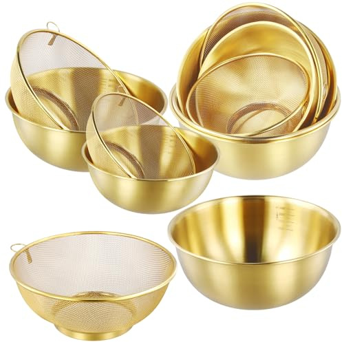 MAHIONG 6PCS 9.4 x 4.1 Inch Stainless Steel Colander Set, 3 Sizes Gold Stainless Steel Strainers Set for Washing Rice, Fruit, Vegetable