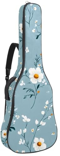 Gitarrentasche, 104 cm, doppelter verstellbarer Schultergurt, Akustikgitarre, Gigbag, niedliches weißes Blumenmuster, kleine Blumen, blauer Hintergrund, 4 Gitarrenkoffer, wasserdichtes Oxford-Gewebe,