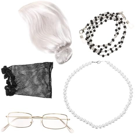 VALICLUD Oma Perücke Set Mit Brille Und Kette Für Alte Damen Kostüm Für Damen Bühnenauftritte Mottopartys Cosplay Halloween