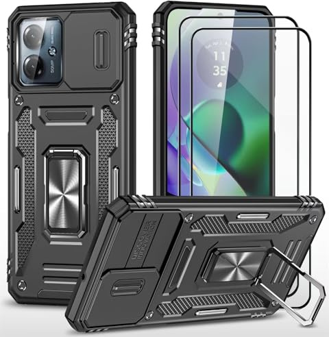 CLYDITE para Funda Motorola Moto G54 Carcasa Silicona Negro con Cristal Templado [2 Piezas] Cubierta de cámara Deslizante TPU 360 Grados Anillo Giratorio Soporte Coche