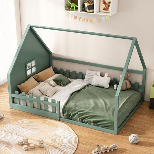 Cama de casa con barandilla Cuna de Madera de Pino Cama Individual con somier Cama de Suelo para Dormitorio Cama Plana Cama Juvenil sin colchón Cama de Invitados Verde 140x200 cm