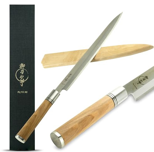 Alfa Mi Cuchillo de sushi japonés. Cuchillos de cocina profesionales japoneses Yanagiba de 27 cm, utensilios de cocina para filetear salmón, mango y funda de madera de olivo
