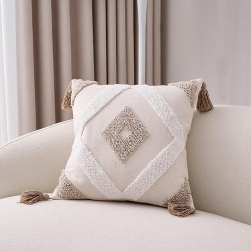 AQCQDQ Boho Kissenbezug Dekorativ Kissen, Baumwolle Leinen Kissenhülle Kissenbezug mit Quaste Dekorative, Sofa Wohnzimmer Schlafzimmer Vintage Kissenhülle, ohne Kisseneinsatz (F,45 * 45cm)