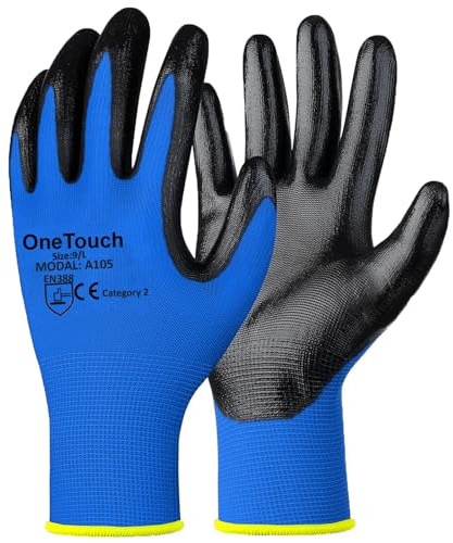 A406 24 Pairs Work Gloves PREMIUM NITRILE COATED Nylon Work Gloves Safety Gloves Builders Gardening Grip (Large-9)