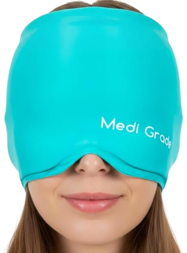 Medi Grade Gorro Migraña Frío Cobertura Total 360, Azul | Gorro para el alivio de migraña de gel suave y frío, bloquea la luz, reutilizable
