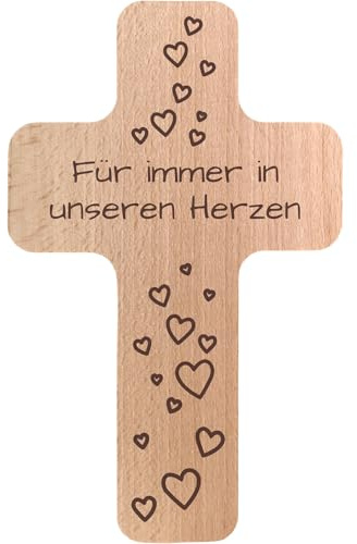 Geschenkissimo Für immer in unseren Herzen - Holzkreuz mit Gravur, Buche, 20x12 cm, kleines Kreuz zu Beerdigung, Trauerkreuz, Andenken Verstorbene, Erinnerung Geschenk