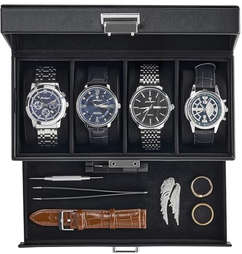 ProCase Watch Case, 4 Slot Mens Watch Box Holder Organizer with Glass Lid, 2-Layer Watches Display Case, Mens Jewelry Box with Drawer, Birthday Christmas Gifts for Men Women -4 Slot, Black