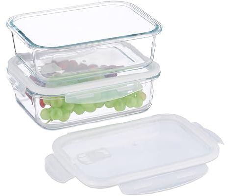 Relaxdays Fiambreras de Cristal con Tapa, Set de 2, 1520 ml, Recipientes Herméticos, Cierre de Plástico, Transparente