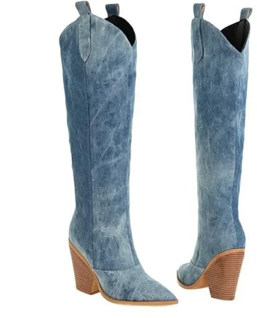 SPPEOUKJ Cowboystövlar för kvinnor, knähöga cowboystövlar för kvinnor, västerländsk stil, jeans stil, storlek 43, slip-on för kvinnor(35)