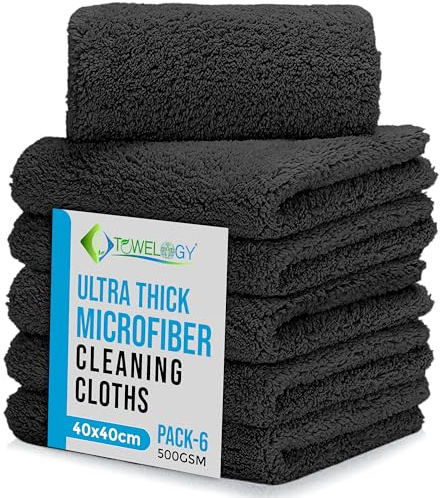 Towelogy® Ultra Thick Microfibre Cloths 500GSM Super Absorbent Large Microfibre Cleaning Cloths for Kitchen, Mirrors, Glass, Bathroom and Household 40x40cm (6, Black)
