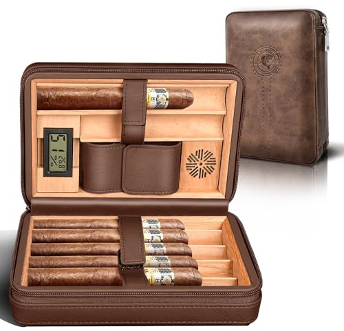 Volenx Leather Humidor Zigarren für 6 Zigarren mit elektronischem Hygrometer und Befeuchter (Kaffee)
