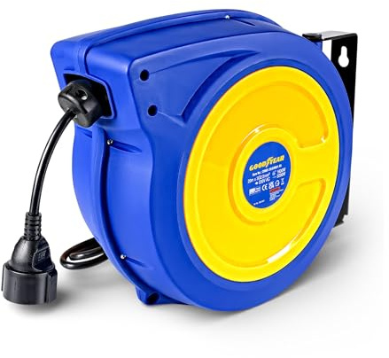 Goodyear Automatische Kabeltrommel, 20 m, 3G2,5 mm² H05VV-F, 3200 W | Robustes Polypropylengehäuse; hochwertiges Premium-Industriekabel für anspruchsvollen gewerblichen Einsatz