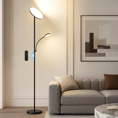 GyroVu Stehlampe Wohnzimmer, 25W Deckenfluter Dimmbar mit 5W Leselampe | 3000K-6500K Stufenloses Dimmen, Moderne LED Stehlampen mit Fernbedienung & Touch-Steuerung für Schlafzimmer, Büro, Hotel