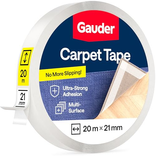 GAUDER Matttejp dubbelhäftande extra stark - Halkfri Mattlim för Golvbeläggningar, Mattor & Trappor - Tejpkuddar, Fixering & Läggtejp (20 m x 21 mm)