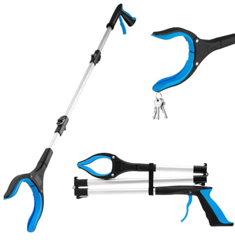CUEMOON grepptång för seniorer 110 cm aluminium soptång, vikbar gripare för seniorer, 360° vridhuvud, ergonomiskt grepp för seniorer, extra lång grepparm