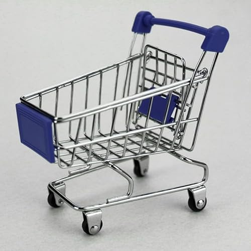 Feeshoppher Shopping Cart Trolley for Kids Pretend Play, Metal Supermarket Handcart with Mute Rollers for Home Storage and Decoration, 12.8x8x11.5cm, Pink(Dark Blue)