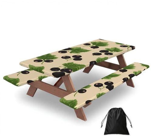 Juego de 3 fundas para mesa de camping con protectores de banco, hojas verdes, elásticas, impermeables, rectangulares, con bolsa de almacenamiento, color grosella negra