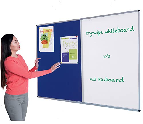 Wonderwall Duo Combination Blue Noticeboard Pinboard, Dry-Wipe Whiteboard - 120 x 180cm - with Aluminium Frame - Office, School, Home