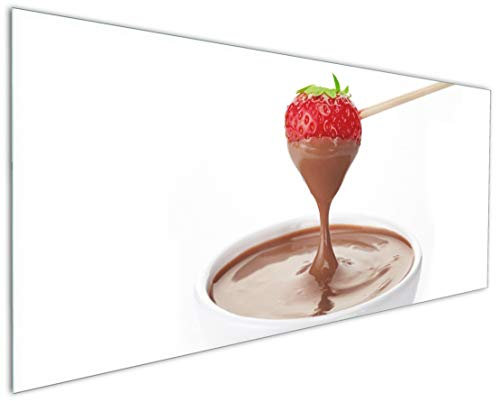 Wallario Küchenrückwand aus Glas 125 x 50 cm, Motiv: Schoko-Fondue mit Erdbeer am Stiel | Spritzschutz abwischbar & pflegeleicht