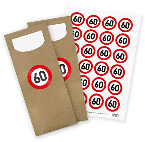 itenga 24x Bestecktasche braun+ Aufkleber Verkehrsschild Zahl 60 Tischdeko zum 60. Geburtstag