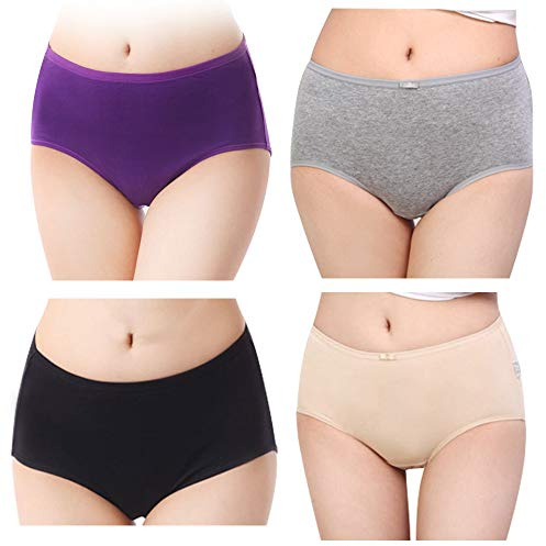 Serecofo Lot e 4 Slip Culotte Femme Taille Haute en Coton à Fibres Longues sous-Vêtement Ultra Doux et Confortable (FR 48-50 : Tour de Taille 86-99cm, Violet, Gris, Noir, Beige)