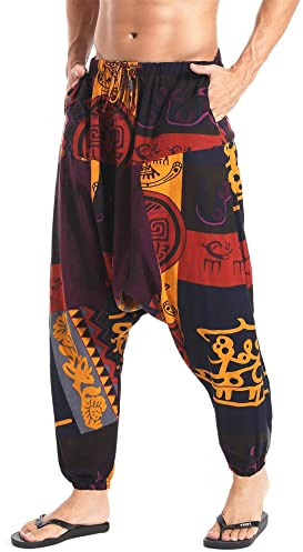 AITFINEISM Herrbyxor Med Dragsko Lässige Hippie Harem Byxor Löst Drop Crotch Byxor (XXL,Stil Gul)