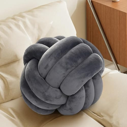 Grey Knot Pillow Ball, Handmade Decorative Throw Pillow, Soft Round Knotted Cushion for Couch & Bedroom, Cute Home Decor, Braided Pillow for Living Room (10.6 Inches)