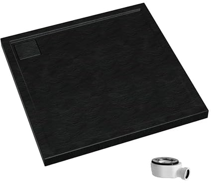 ECOLAM® Duschwanne Duschtasse flach Omega Black Stone Viereck 90x90 x 5 cm / 1,8 cm Tiefe flach Stein Effekt schwarz + Siphon