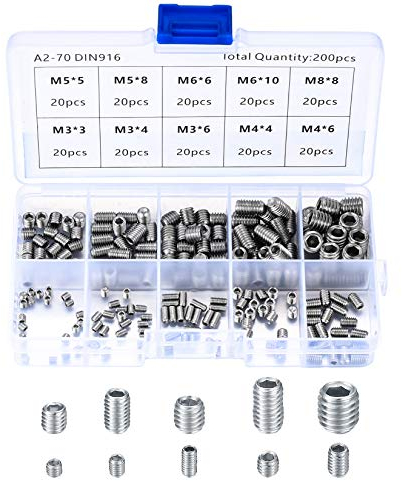HAOCHEN 200 Stück M3 M4 M5 M6 M8 Gewindestifte, Sechskantkopf, Imbusschlüssel set, Hex Grub Kopf Maschinenschraube Schraube, Edelstahl Schrauben Set
