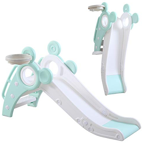 YOLEO Rutsche, Kinder Fun-Slide mit Basketballkorb, Faltbar Kinderrutsche, Gartenrutsche Kleinkinderrutsche für 1-3 Jahre, Indoor & Outdoor Rutschbahn mit Rutschauslauf (Grün)