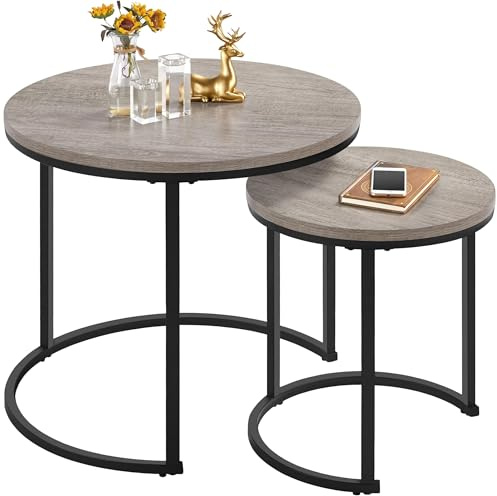 Yaheetech Round Nesting Coffee Table Set of 2, Stacking End Side Table with Metal Frame, Sofa Tea Table for Small Space/Living Room/Bedroom, Grey, 60 x 60 x 50.5cm