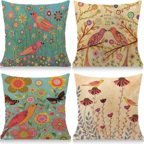 Cirzone Wasserdichte Kissenbezug 4 Stück 45 x 45 cm Dekorative Outdoor Kissen Wasserfest Atmungsaktiv Vögel und Blumen Kissenbezug Werden für Sofakissen Garten Outdoor