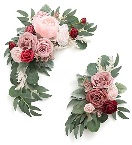 SLDHFE Künstliches Hochzeitsbogen-Blumen-Set, 2 Stück, künstliche Rosen-Blumen-Swag, dekorative Girlande mit Rosen-Pfingstrose, Eukalyptus-Blättern, künstliche Blumen-Girlande mit Bändern