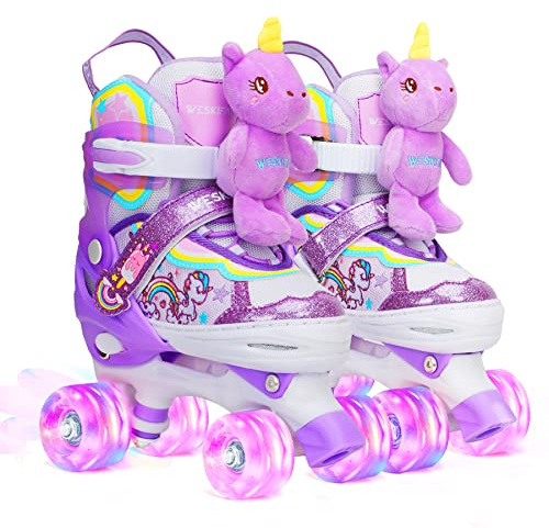 Patins à roulettes Enfant Poupée Licorne Roller Quad Ajustable avec 4 Roues Lumineuses Taille Réglable pour Filles Débutants Cadeau d'anniversaire Noël XS(26~29)