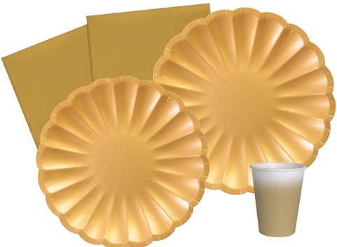 Partygeschirr Party-Set Flower Shape für 24 Personen (112 pcs: 24 Pappteller Ø23cm, 24 Pappteller Ø18cm, 24 Becher 250ml, 40 Servietten 33x33cm) aus eco-Friendly kompostierbarem Papier, Gold