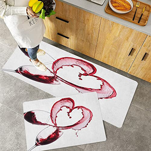 Küchenteppich Teppich Läufer Küchenläufer 2 Stück,Wein-Herzform mit Verschütten von Rotwein in Gläsern Romantisches Valentinstag-Konzept Burgunder,Rutschfest waschbar für Flur Küche 40x60 cm+40x120 cm