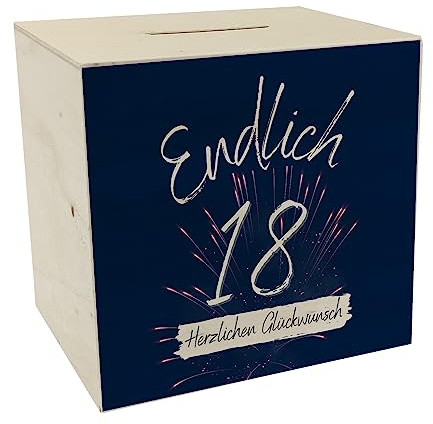 Endlich 18 Spardose aus Holz mit Spruch Herzlichen Glückwunsch EIN buntes Sparschwein zum achtzehnten Geburtstag Endlich 18 Sparbüchse Geld dekorativ Volljährig