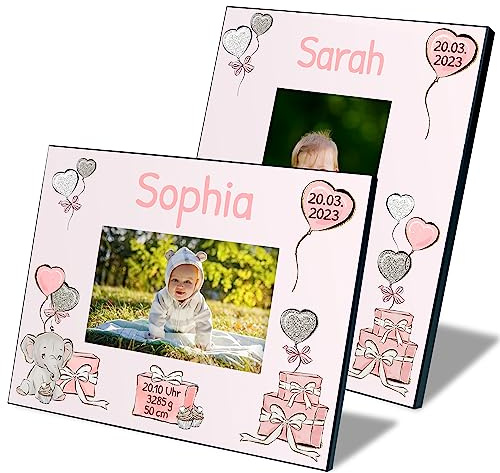 True Statements Baby Bilderrahmen für Fotos 10x15 cm personalisiert mit Namen & Geburtsdaten „Elefantenbaby“ – Fotorahmen Mädchen Jungen – Geschenk zur Geburt Taufe Geburtstag (Rosa, Querformat)