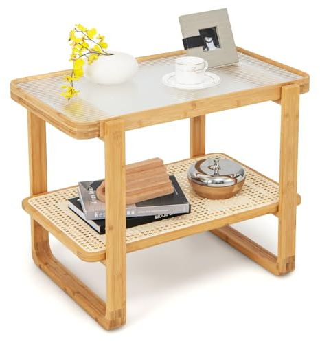 COSTWAY Bamboo Side Table, Tempered Glass Sofa End Table Nightstand with Rattan Storage Shelf, 2-Tier Compact Bedside Table Accent Tea Table for Living Room Bedroom, 70x44x55cm, Natural