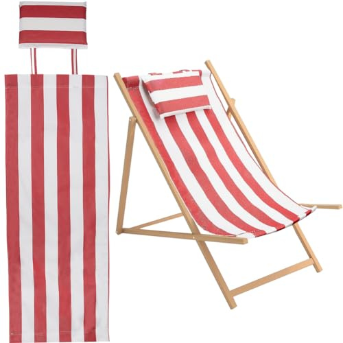 GORGECRAFT Baumwoll-Strandsessel-Ersatz Segeltuch Rote Und Weiße Streifenmuster Stuhl Oxford-Stoff Lounge-Sessel Stoff Liegesessel Ersatz Mit Kissen Zum Sonnenbaden Garten Innenhof