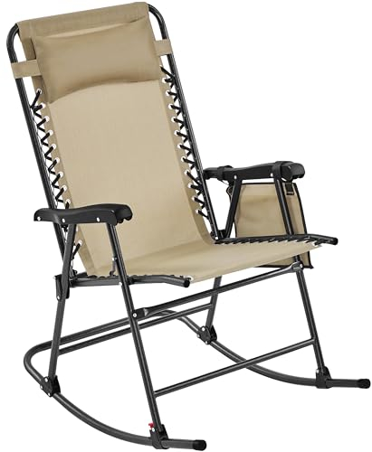 Yaheetech Schaukelstuhl Klappbarer Gartenstuhl mit Abnehmbarem Kopfkissen Faltbarer Outdoor Stuhl bis 120 kg Belastbar für Außenbereich, Beige