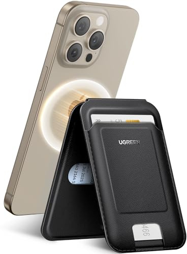 UGREEN Magnetischer Handy Kartenhalter Leder Wallet Ständer Kompatibel mit iPhone 17/16/15/14/13/12 Series, Nicht für 13/12 Mini, Schwarz