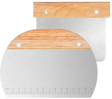 Fzyisw 2Pcs Dough Scraper with Scale 15CM Food Grade Stainless Steel Dough Cutter with Wooden Handle, Bench Scraper, Pastry Scraper Kitchen Scraper for Pizza, Bread, Pastry, Cake Dough Baking Shaping