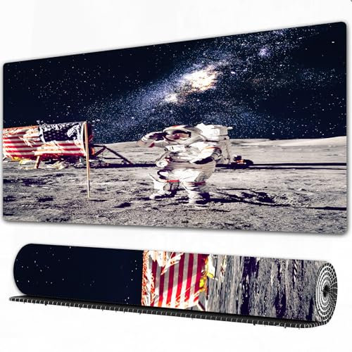 EOMKSE Mauspad Verlängertes großes Mauspad Schreibtischauflage,genähte Kanten Mauspad,Gummibasis,Amerikanische Kosmonautengalaxie mit Flagge der Vereinigten Staaten, Foto des,Gaming-Mauspad,40x75 cm