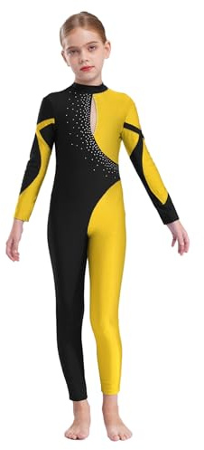 TiaoBug Tuta Intera da Ginnastica Artistica Bambina con Strass Body da Danza Classica Moderna Maniche Lunghe Balletto Leotards Bodysuit da Pattinaggio Artistico Dancewear Giallo 9-10 anni