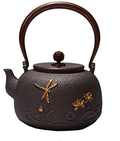 Bollitore for il tè classico, Teiera in ghisa, Teiera in ghisa giapponese Bollitore fatto a mano Set da tè Modello a libellula Parete interna ossidata non rivestita 1.2L