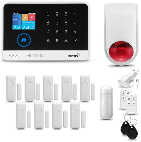 HUXGO® HXA003 Funk Alarmanlage Set WiFi + GSM mit Alarmsirene | Alarm System mit Bewegungsmelder, 9X Fensteralarm/Türsensoren | Alarmanlage fürs Haus, Wohnung, Wohnmobil | Smart Home