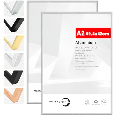 HIMEETIME® 2x Bilderrahmen DIN A2 42x59,4 cm Silber Metall Rahmen,Dokumentenrahmen 42x59,4 cm Groß Collage,Metallrahmen Alu-Bilderrahmen Aluminium,Picture Frame 42x60 Fotorahmen