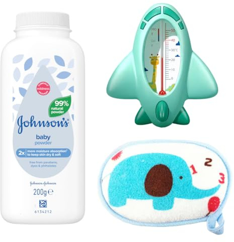 Mysterial Ensemble de produits essentiels pour bébé : poudre pour bébé 200 g, thermomètre de bain à température de l'eau et éponge de bain naturelle pour bébé – Ensemble de bain pour nouveau-né