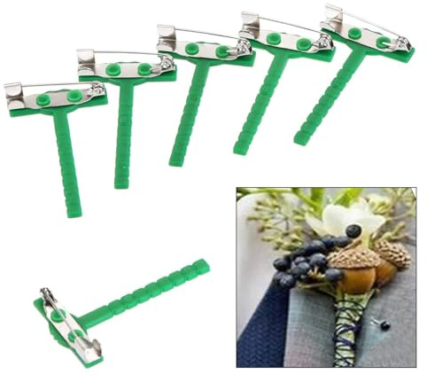 Bamyli 100 Pcs Boutonnieres Safety Pins, Plastic Triangle Corsage Pin Buttonhole Flowers Pins for Wedding/Bridegroom Brooch/Party, 25mm Width T Shape Safety Clips Holder,Green
